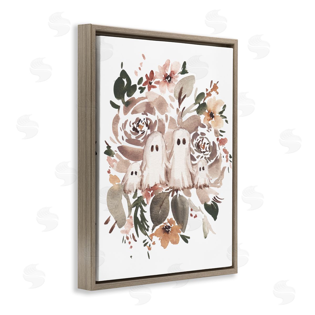 Little Ghosts with Botanicals Brown Floating Frame Canvas Wall Art, Home Decor by Amanda Cook