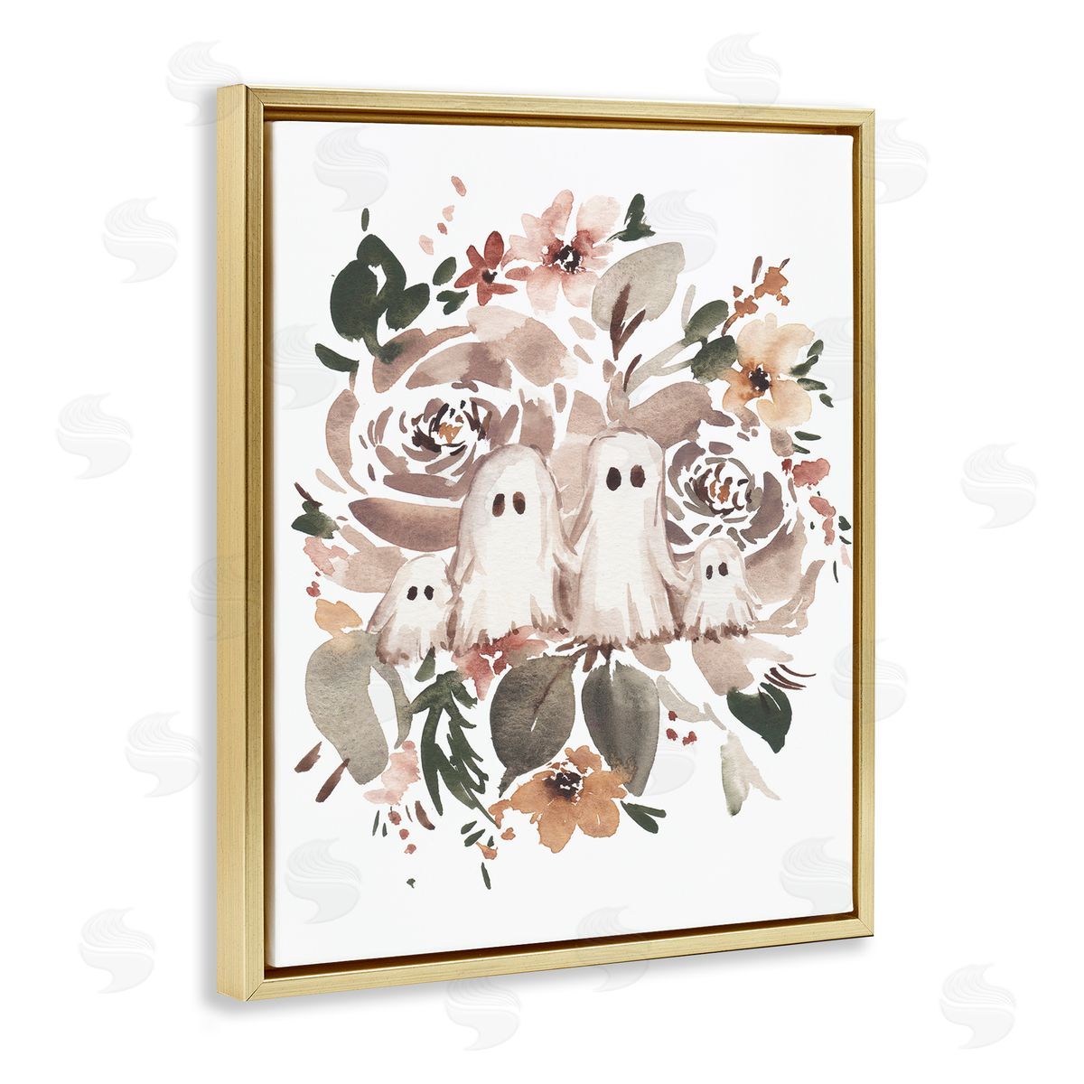 Little Ghosts with Botanicals Gold Floating Frame Canvas Wall Art, Home Decor by Amanda Cook