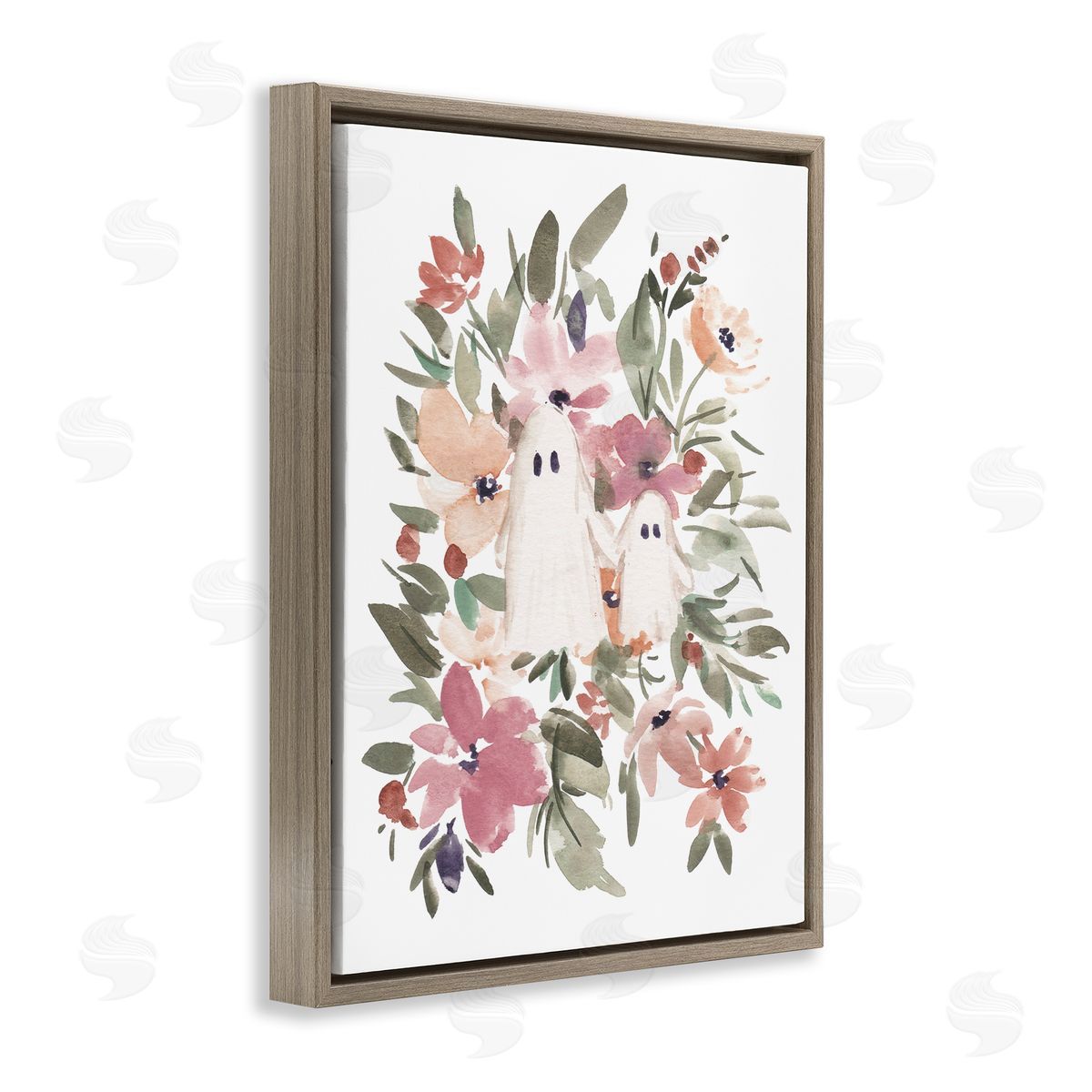 Little Floral Ghosts Brown Floating Frame Canvas Wall Art, Home Decor by Amanda Cook