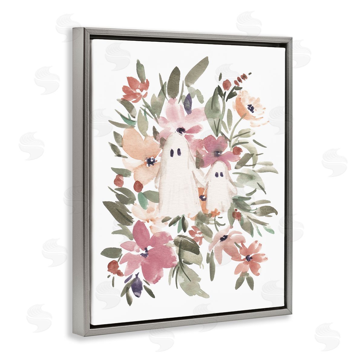 Little Floral Ghosts Grey Floating Frame Canvas Wall Art, Home Decor by Amanda Cook