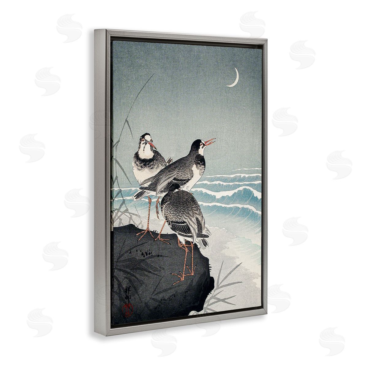 Classic Japanese Birds Grey Floating Frame Canvas Wall Art, Home Decor by Ohara Koson
