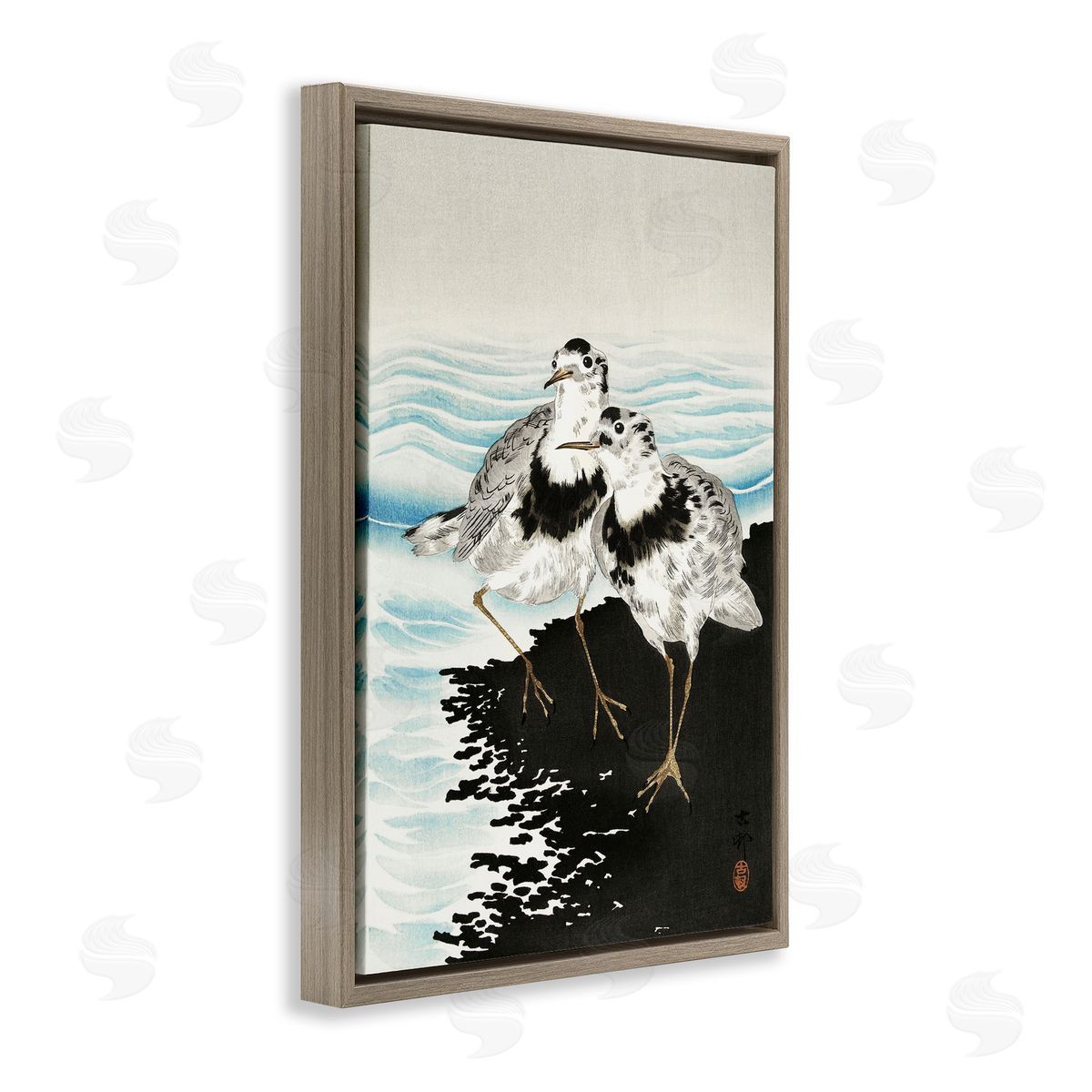 Classic Beach Birds Brown Floating Frame Canvas Wall Art, Home Decor by Ohara Koson