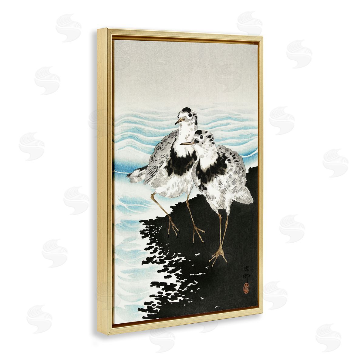 Classic Beach Birds Gold Floating Frame Canvas Wall Art, Home Decor by Ohara Koson