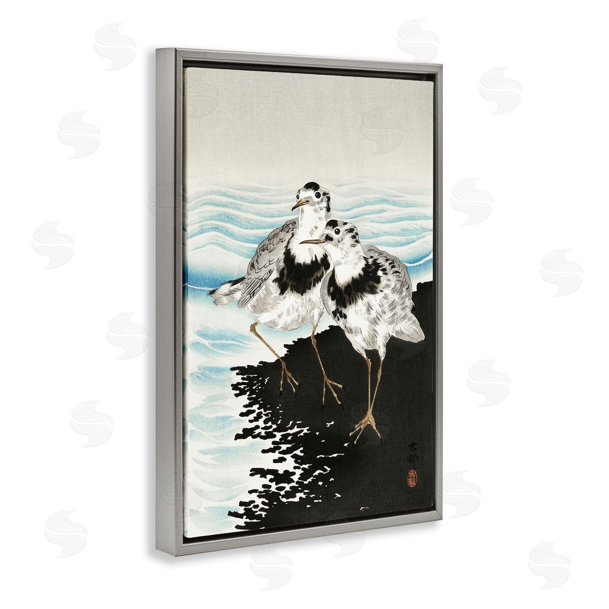 Classic Beach Birds Grey Floating Frame Canvas Wall Art, Home Decor by Ohara Koson