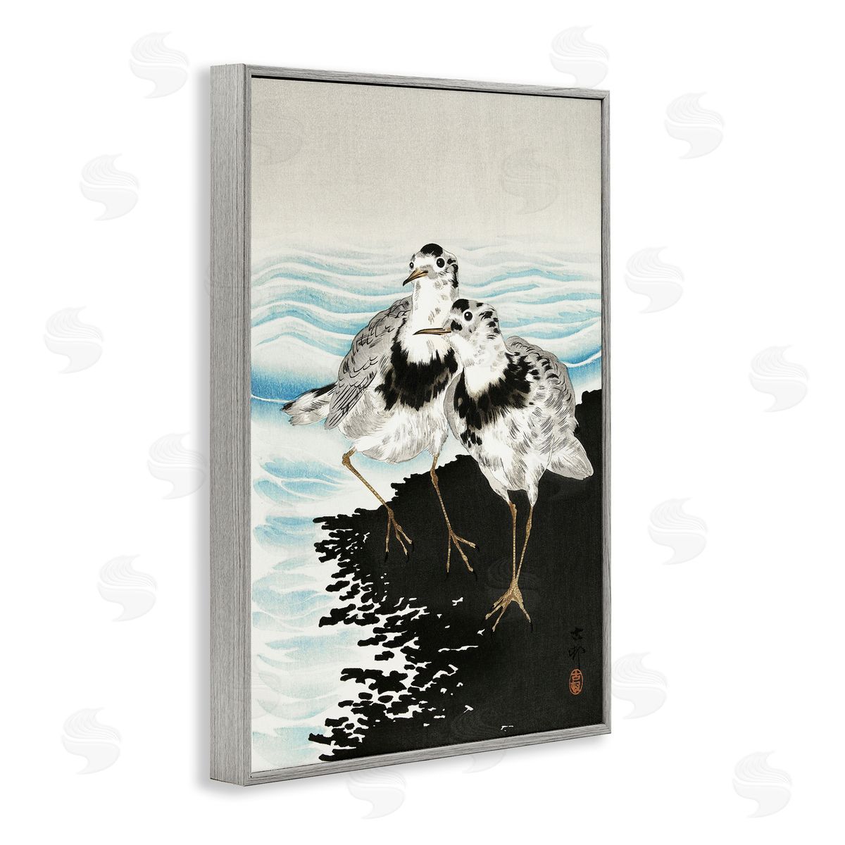 Classic Beach Birds Grey Frame Print Wall Art, Home Decor by Ohara Koson