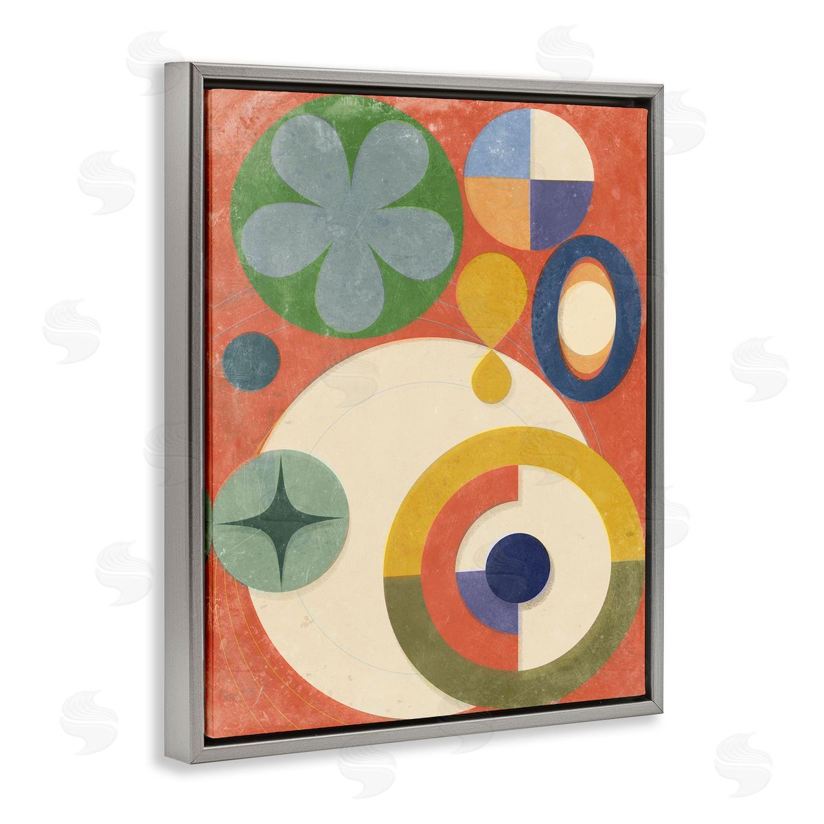 Retro Overlapping Shapes Grey Floating Frame Canvas Wall Art, Home Decor by Victoria Barnes