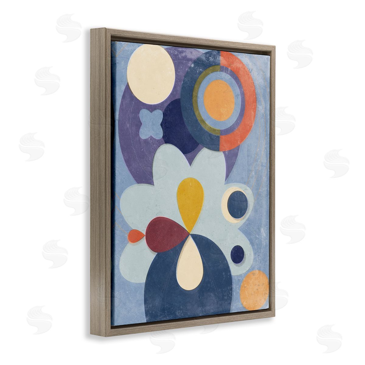 Blue Retro Shapes Brown Floating Frame Canvas Wall Art, Home Decor by Victoria Barnes