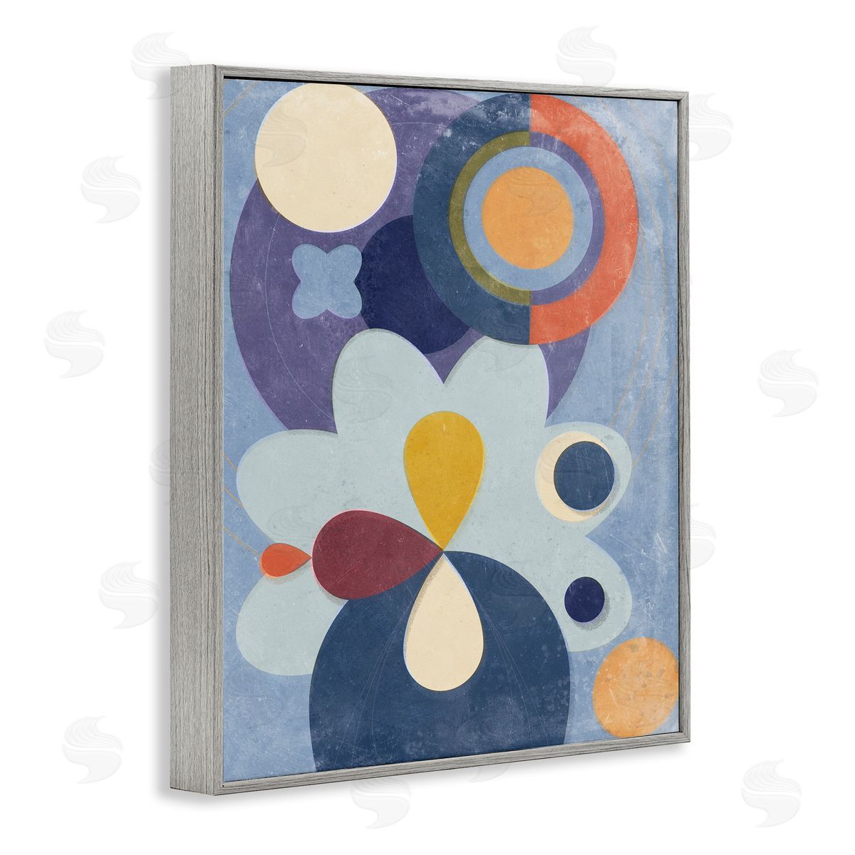 Blue Retro Shapes Grey Frame Print Wall Art, Home Decor by Victoria Barnes