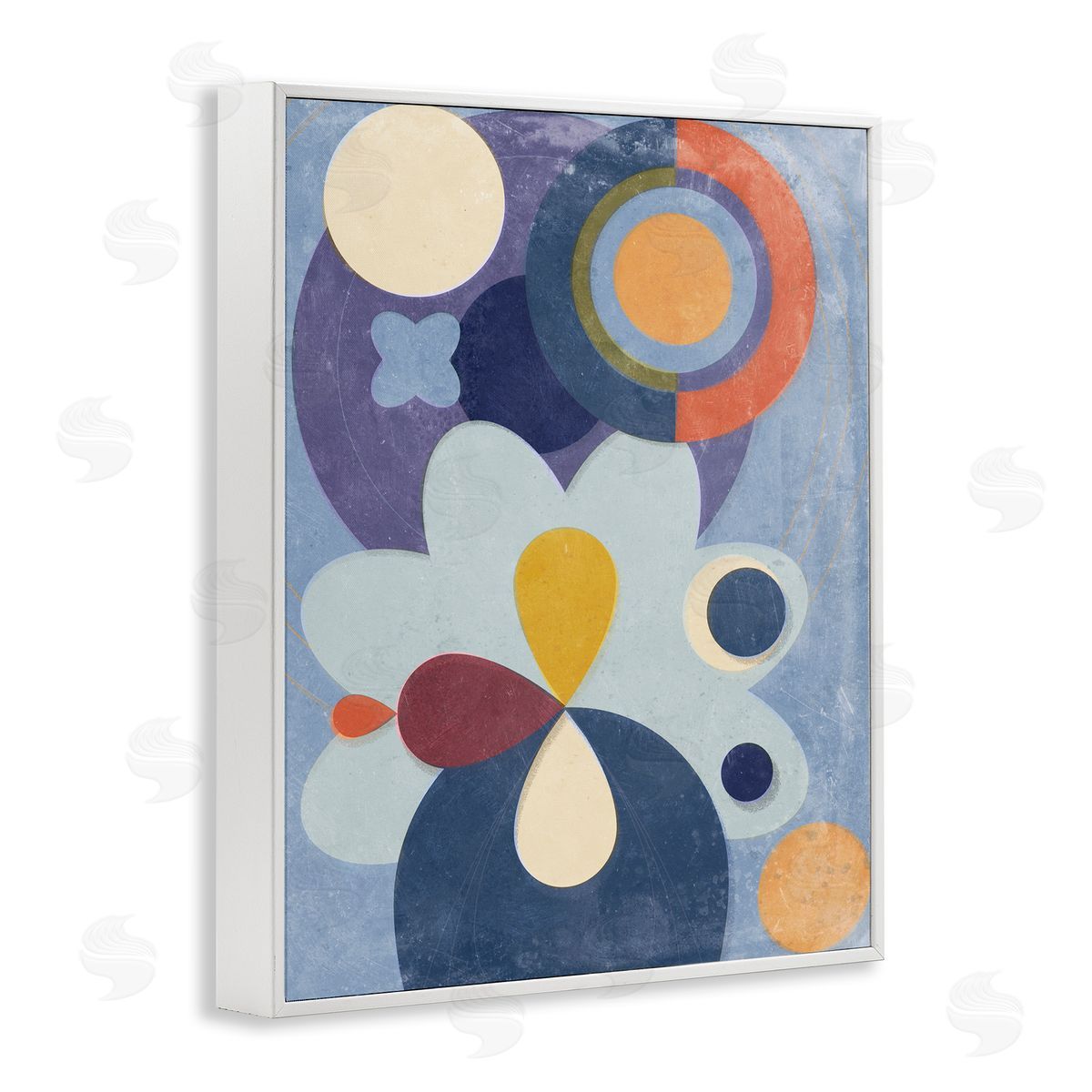 Blue Retro Shapes White Frame Print Wall Art, Home Decor by Victoria Barnes