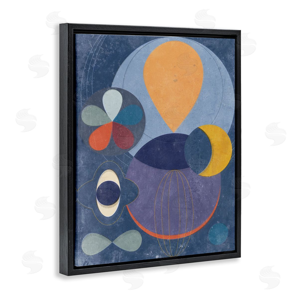 Blue Retro Collage Black Floating Frame Canvas Wall Art, Home Decor by Victoria Barnes