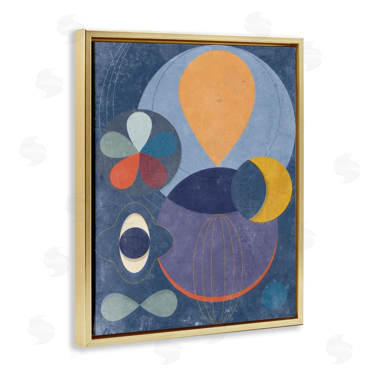 Blue Retro Collage Gold Floating Frame Canvas Wall Art, Home Decor by Victoria Barnes