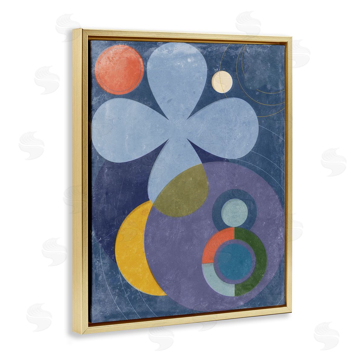Blue Retro Curved Shapes Gold Floating Frame Canvas Wall Art, Home Decor by Victoria Barnes
