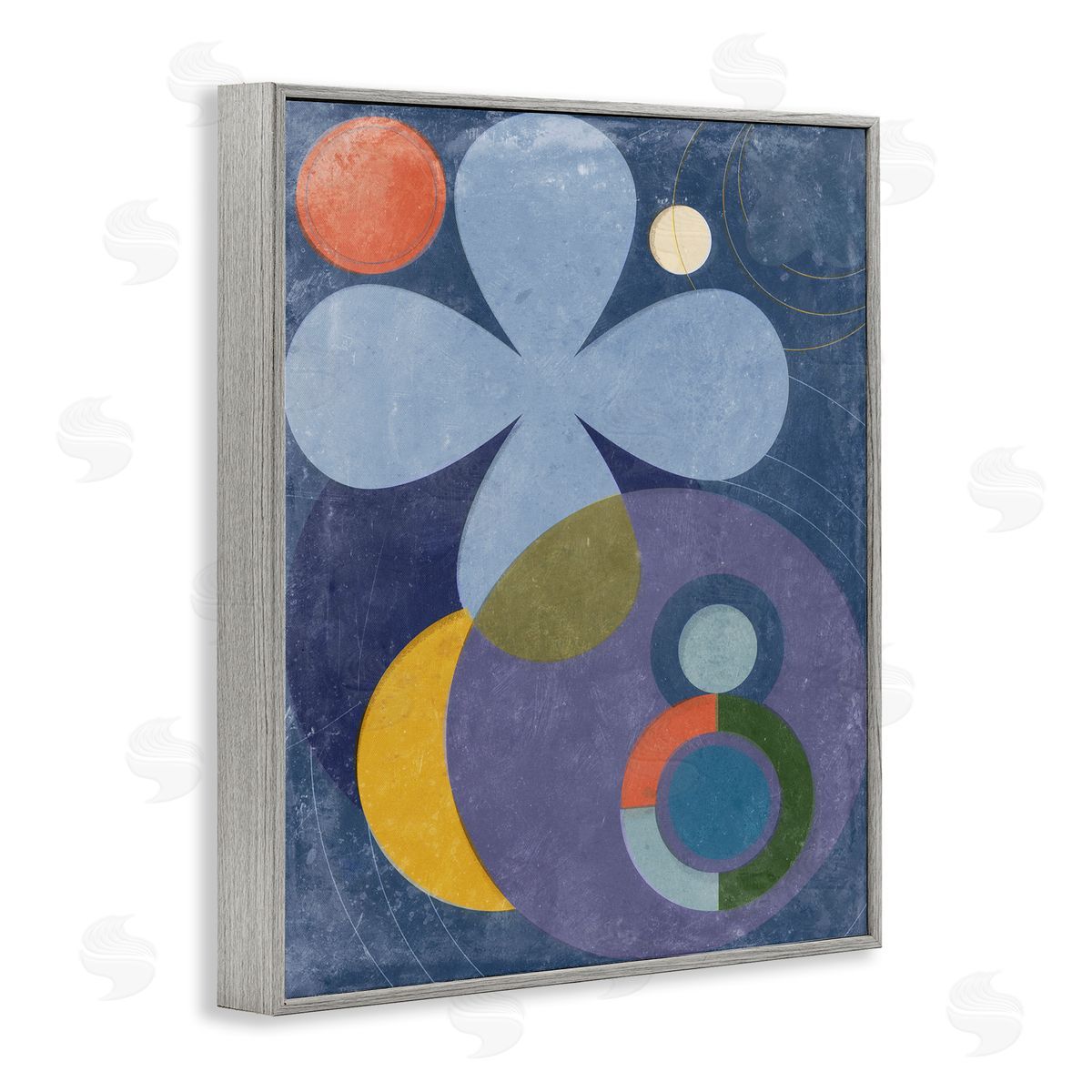 Blue Retro Curved Shapes Grey Frame Print Wall Art, Home Decor by Victoria Barnes