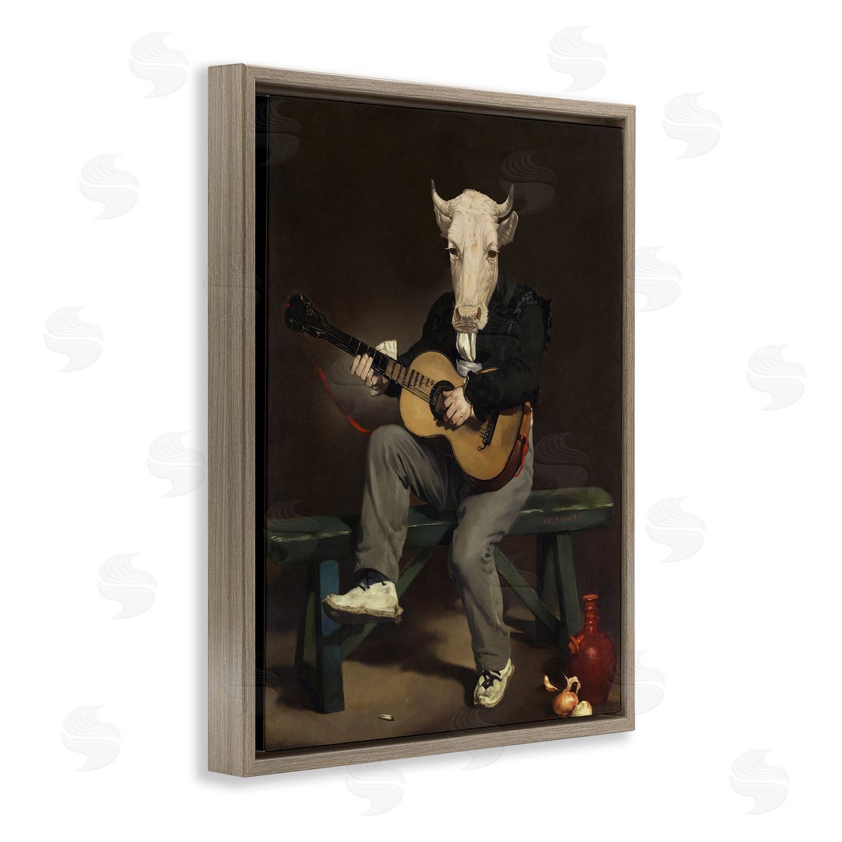 Cow Playing Guitar Brown Floating Frame Canvas Wall Art, Home Decor by Alicia Longley