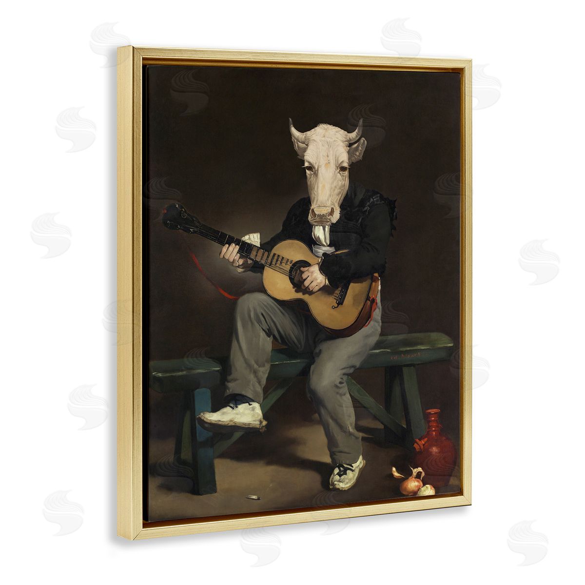 Cow Playing Guitar Gold Floating Frame Canvas Wall Art, Home Decor by Alicia Longley