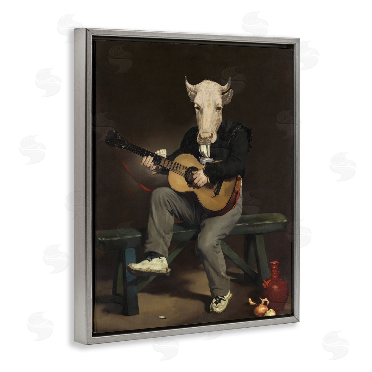 Cow Playing Guitar Grey Floating Frame Canvas Wall Art, Home Decor by Alicia Longley