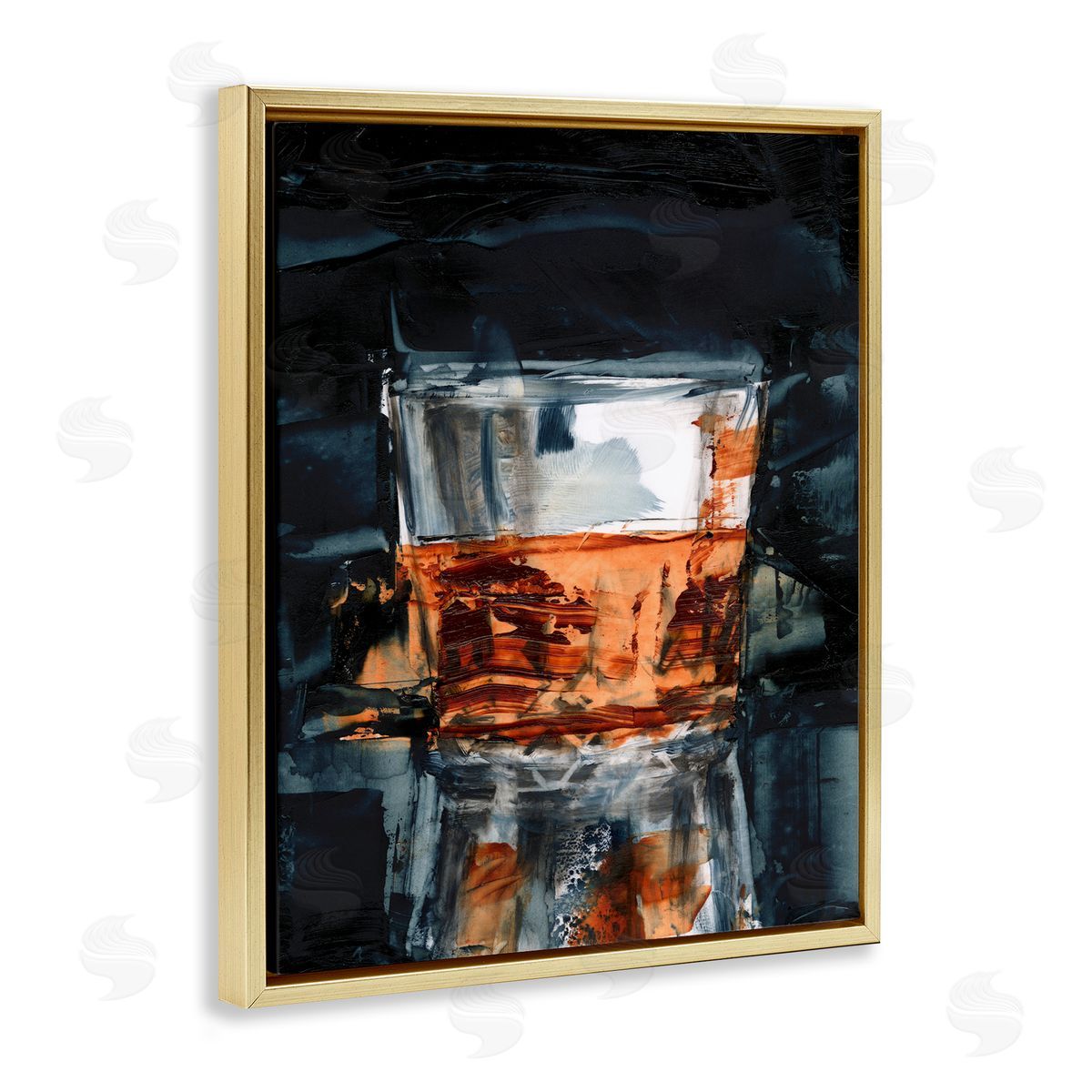 Whiskey Glass Reflection Gold Floating Frame Canvas Wall Art, Home Decor by Ethan Harper
