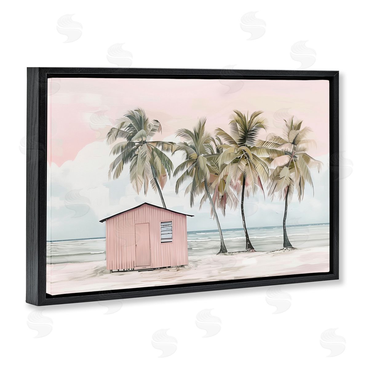 Pink Beach Hut & Palms Black Floating Frame Canvas Wall Art, Home Decor by Arlington Prints
