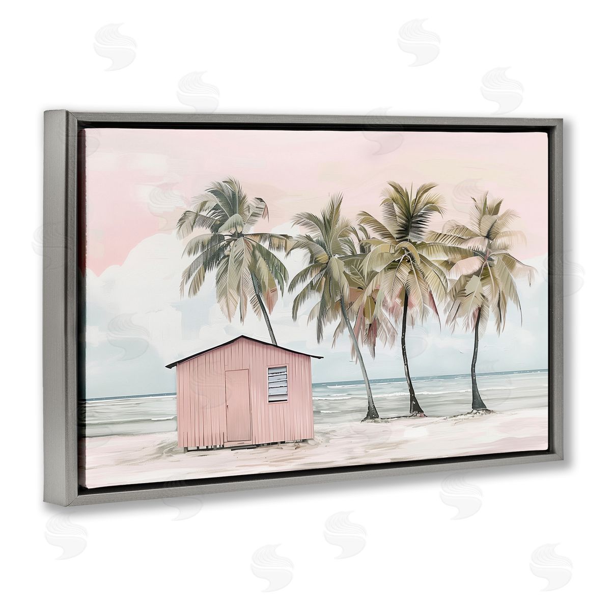 Pink Beach Hut & Palms Grey Floating Frame Canvas Wall Art, Home Decor by Arlington Prints