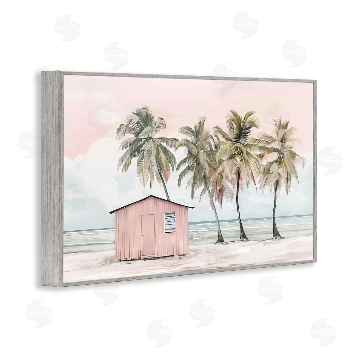 Pink Beach Hut & Palms Grey Frame Print Wall Art, Home Decor by Arlington Prints