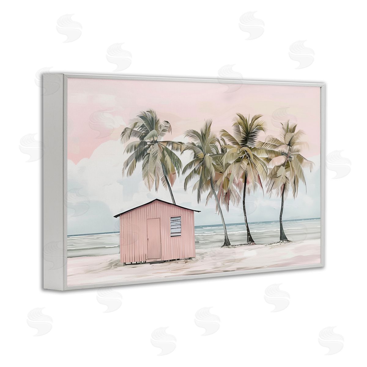 Pink Beach Hut & Palms White Frame Print Wall Art, Home Decor by Arlington Prints