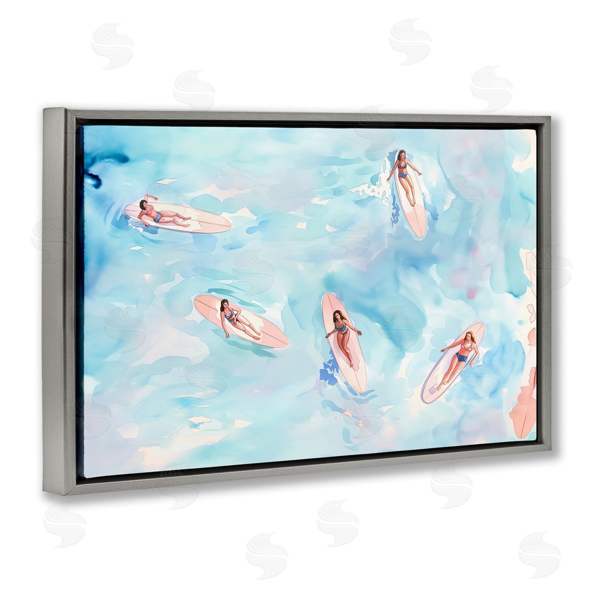 Surfer Girls on Sea Grey Floating Frame Canvas Wall Art, Home Decor by Arlington Prints