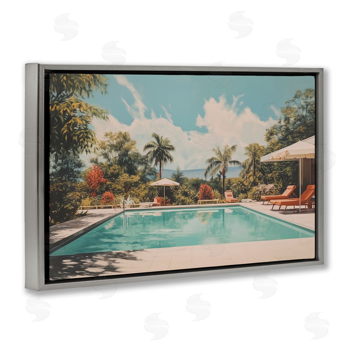 Tropical Villa Swimming Pool Grey Floating Frame Canvas Wall Art, Home Decor by Arlington Prints