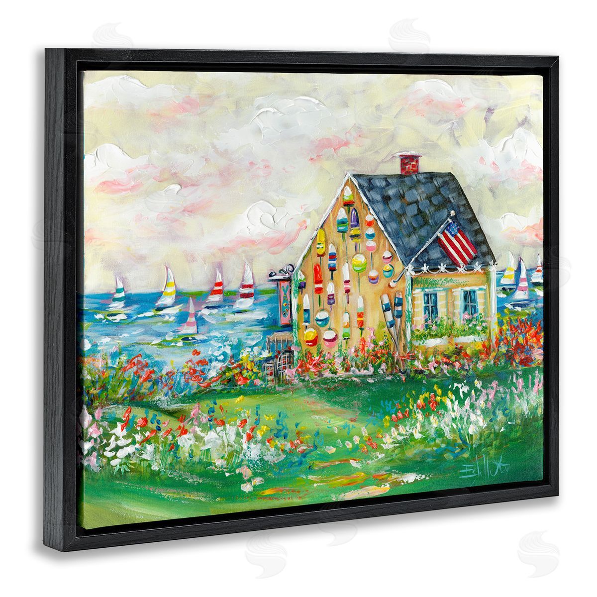 Buoy Covered Boat House Black Floating Frame Canvas Wall Art, Home Decor by Estelle Grengs