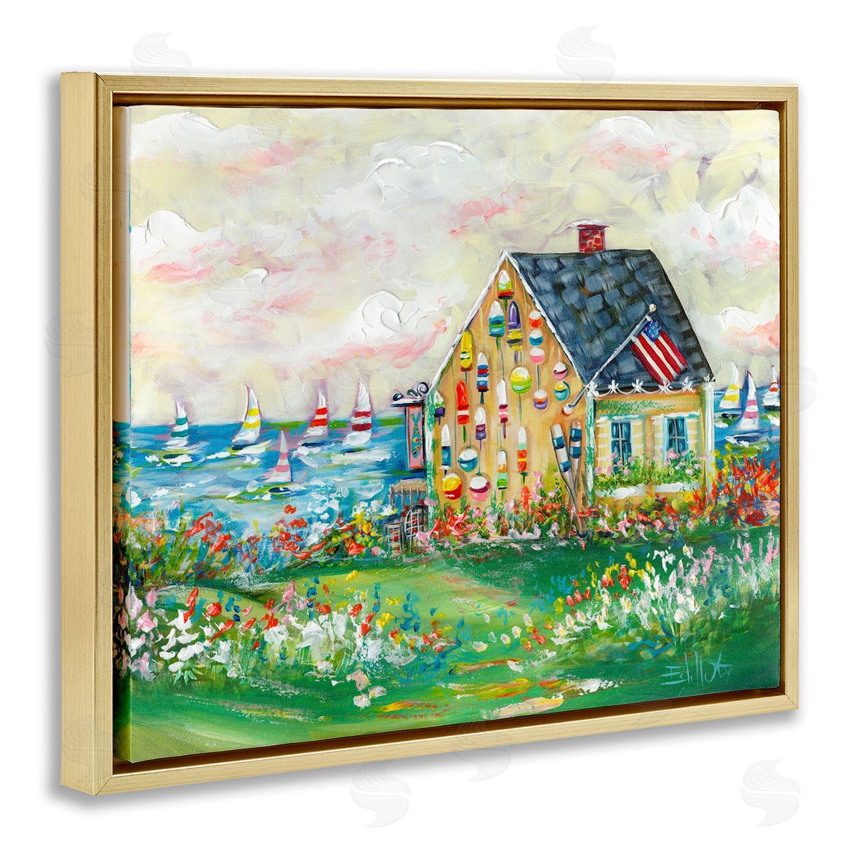 Buoy Covered Boat House Gold Floating Frame Canvas Wall Art, Home Decor by Estelle Grengs