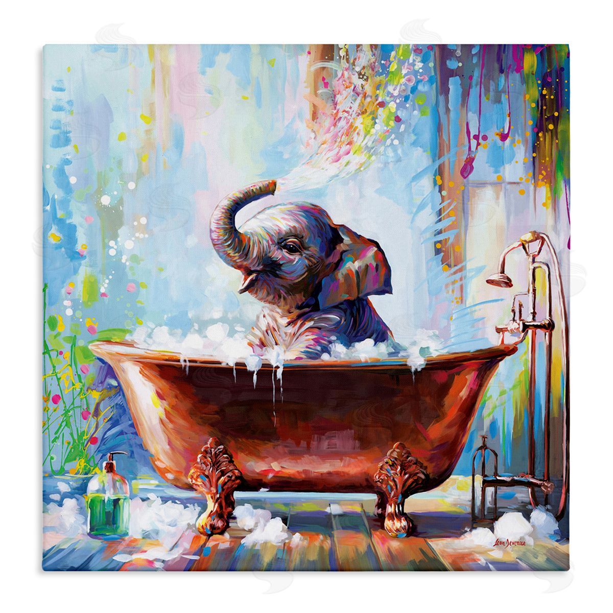 Splashing Baby Elephant Canvas Wall Art, Home Decor by Leon Devenice
