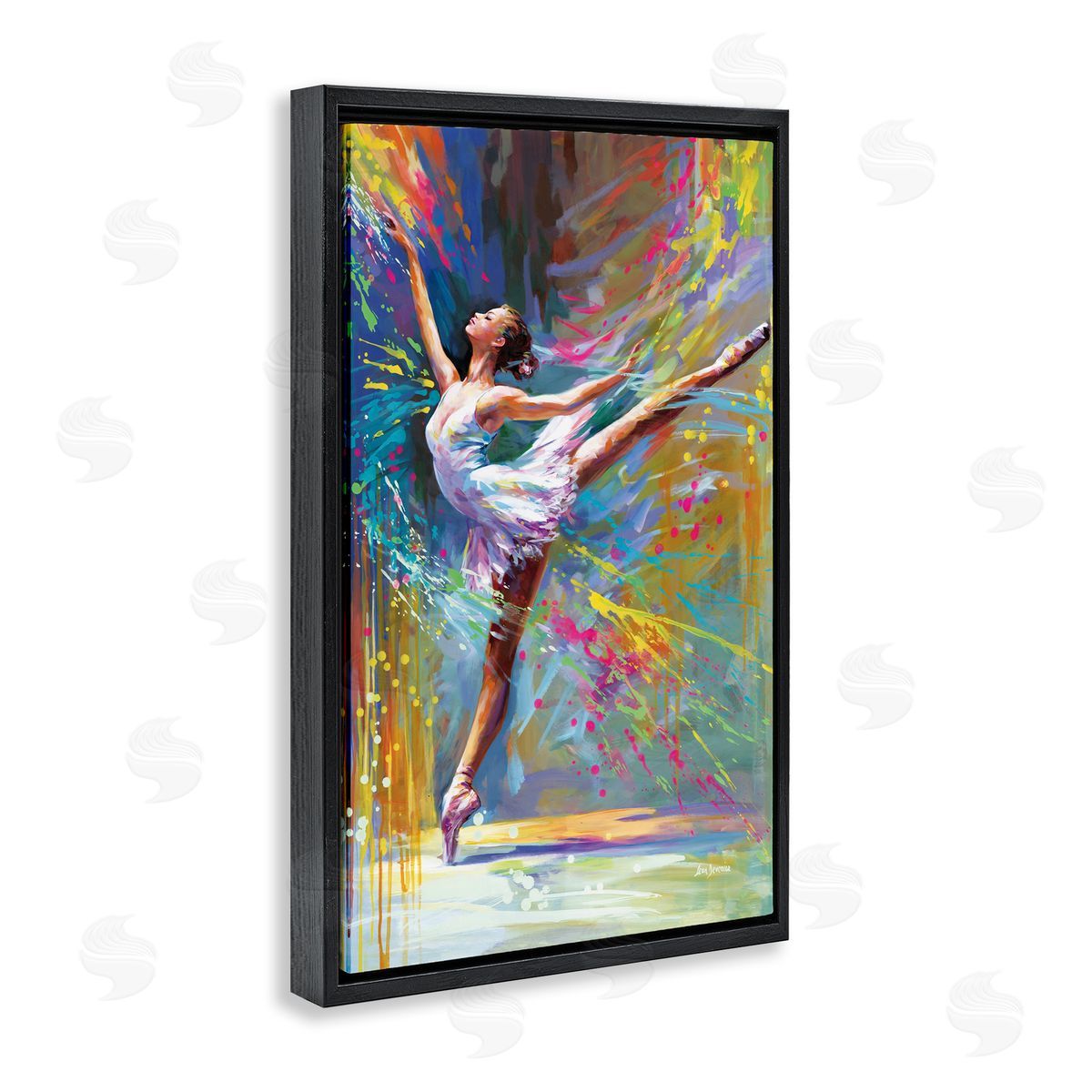 Ballerina with Modern Splash Black Floating Frame Canvas Wall Art, Home Decor by Leon Devenice