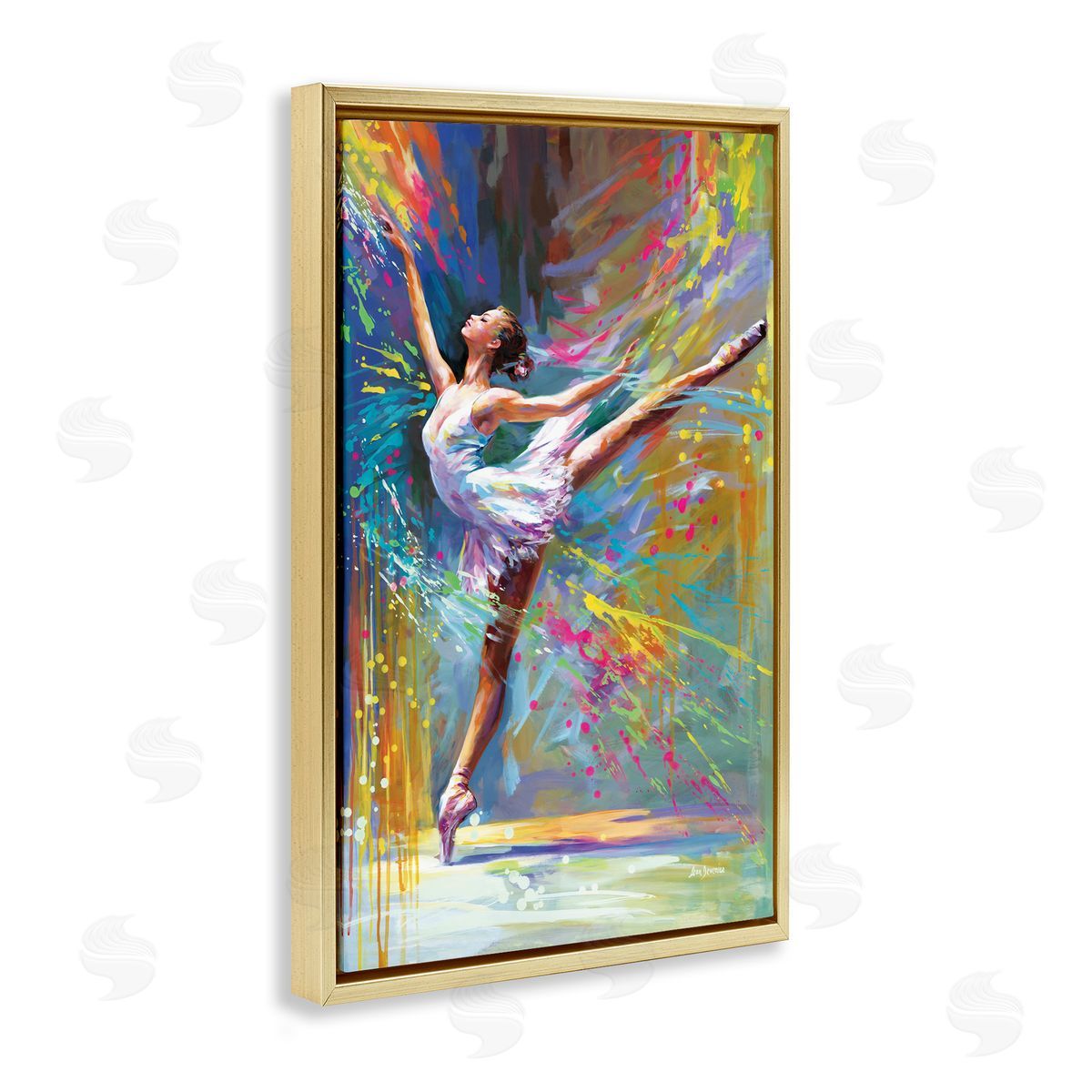 Ballerina with Modern Splash Gold Floating Frame Canvas Wall Art, Home Decor by Leon Devenice
