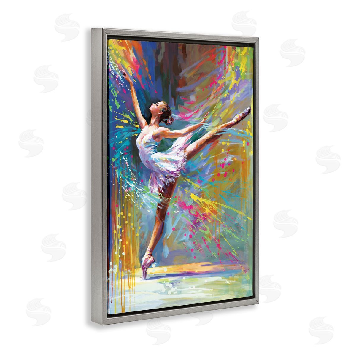 Ballerina with Modern Splash Grey Floating Frame Canvas Wall Art, Home Decor by Leon Devenice