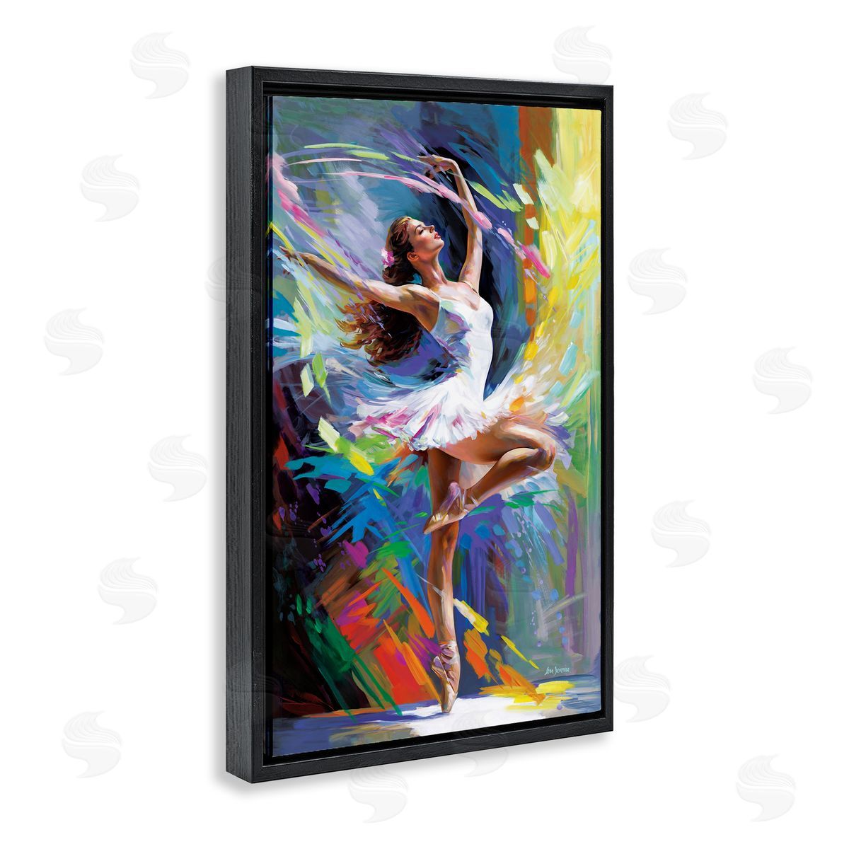 Bright Hued Dancing Ballerina Black Floating Frame Canvas Wall Art, Home Decor by Leon Devenice