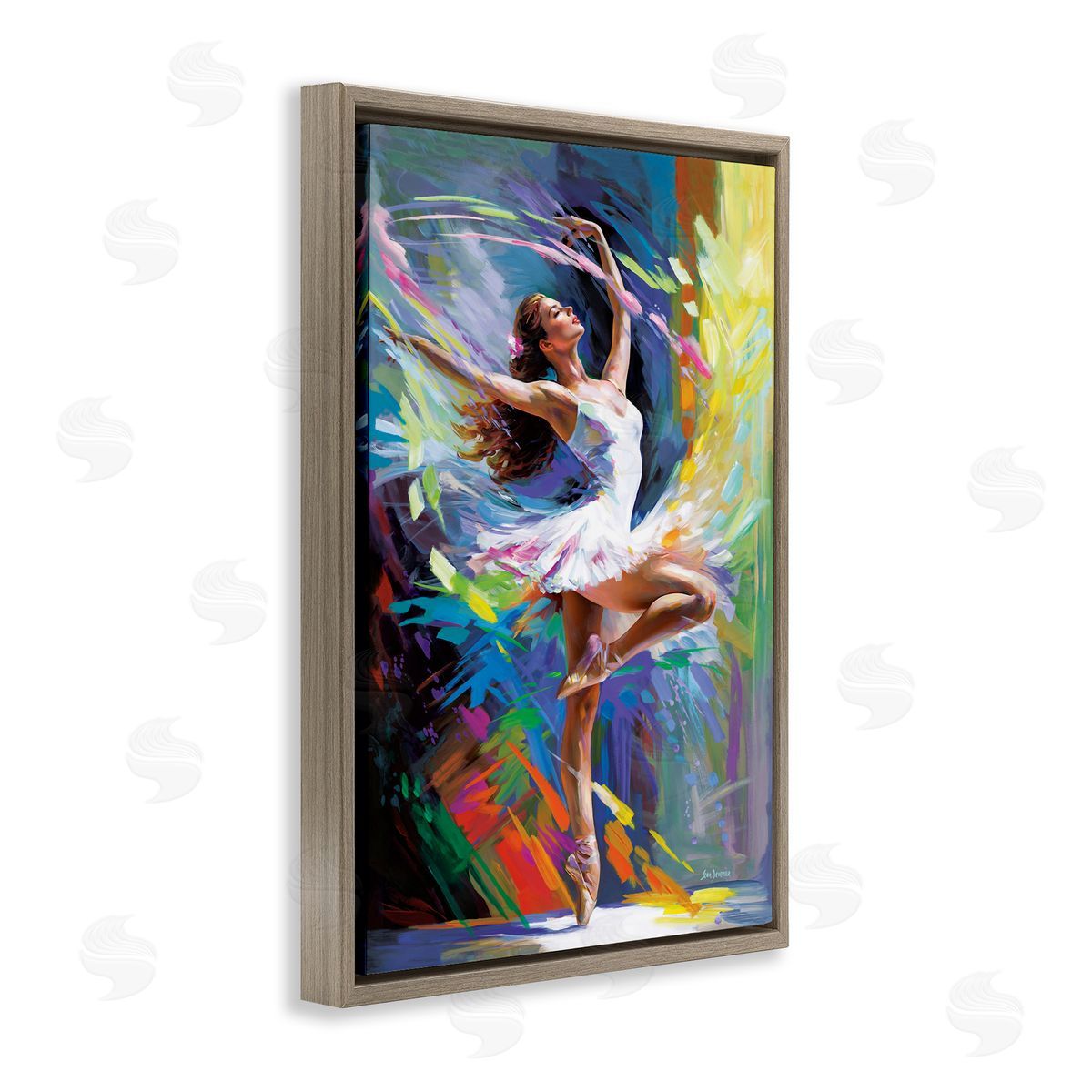 Bright Hued Dancing Ballerina Brown Floating Frame Canvas Wall Art, Home Decor by Leon Devenice