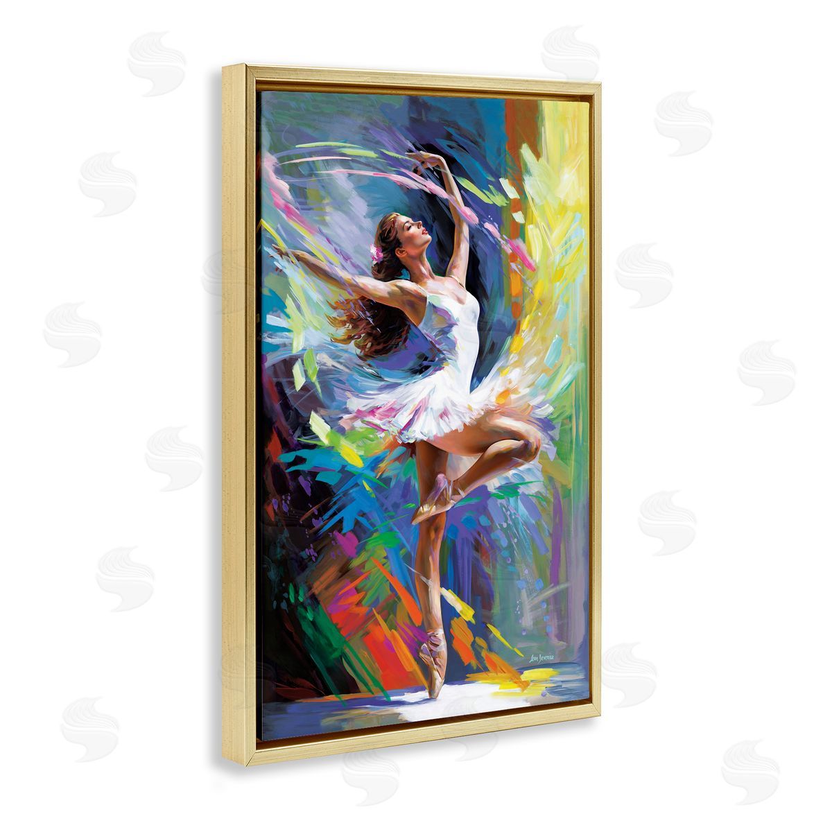 Bright Hued Dancing Ballerina Gold Floating Frame Canvas Wall Art, Home Decor by Leon Devenice