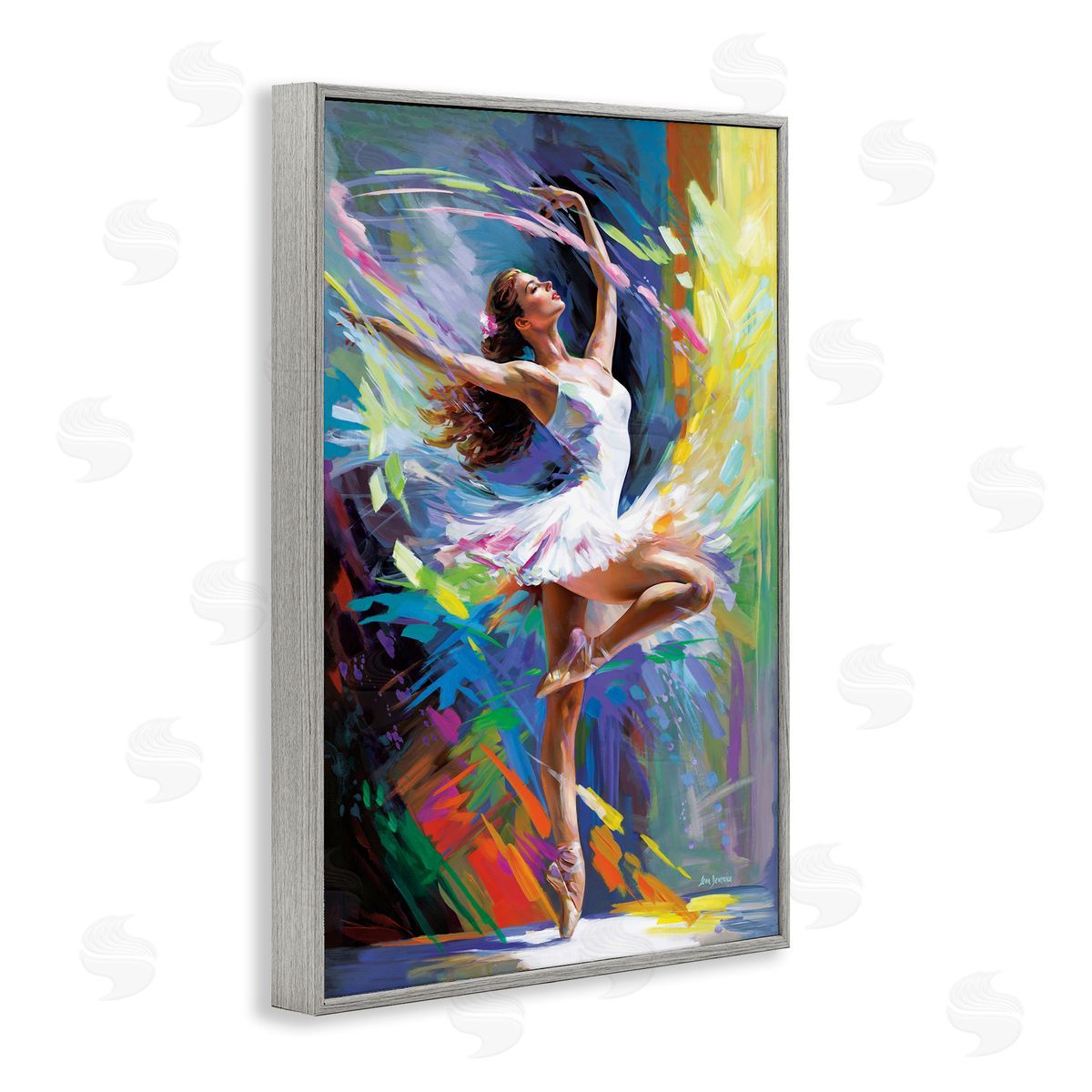 Bright Hued Dancing Ballerina Grey Frame Print Wall Art, Home Decor by Leon Devenice
