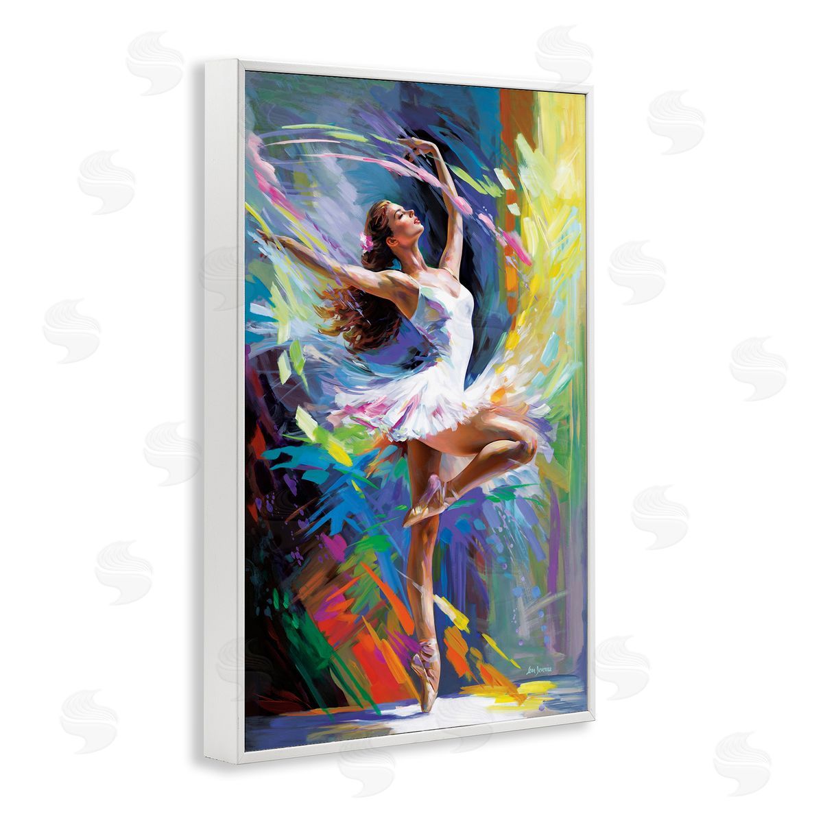 Bright Hued Dancing Ballerina White Frame Print Wall Art, Home Decor by Leon Devenice