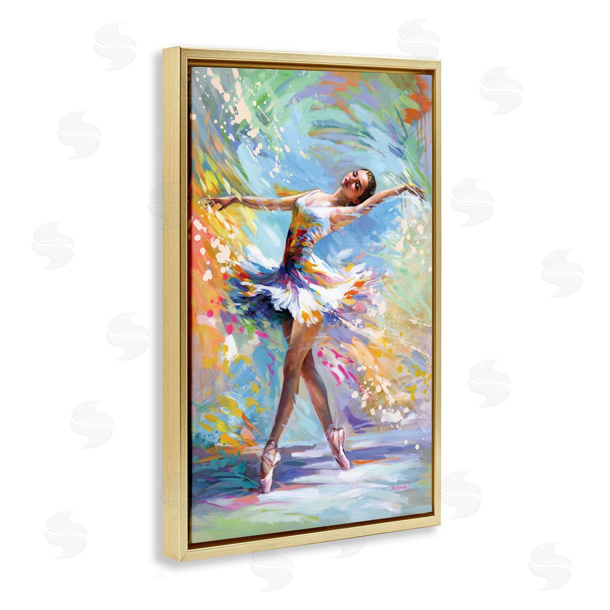 Ballerina on Pastel Splatter Gold Floating Frame Canvas Wall Art, Home Decor by Leon Devenice