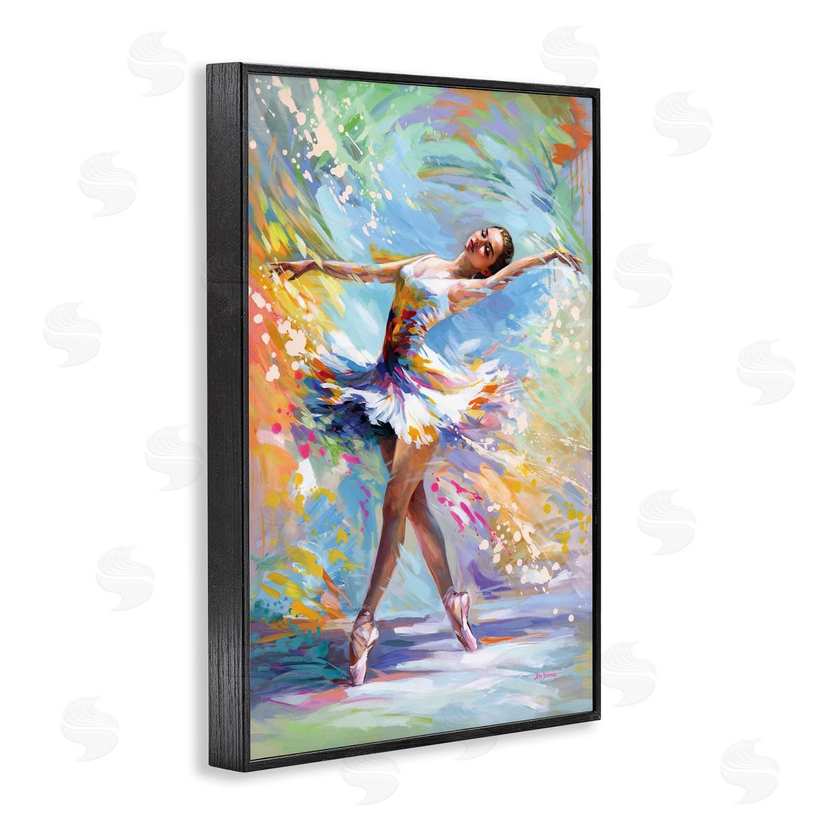 Ballerina on Pastel Splatter Black Frame Print Wall Art, Home Decor by Leon Devenice