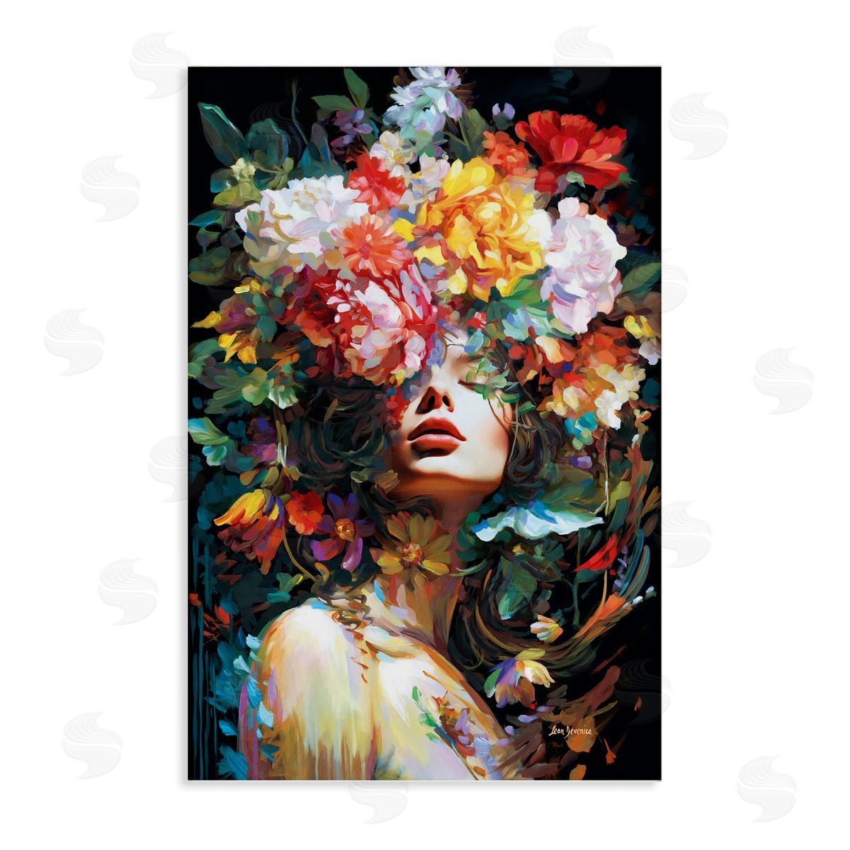 Rose Bedecked Woman Canvas Wall Art, Home Decor by Leon Devenice