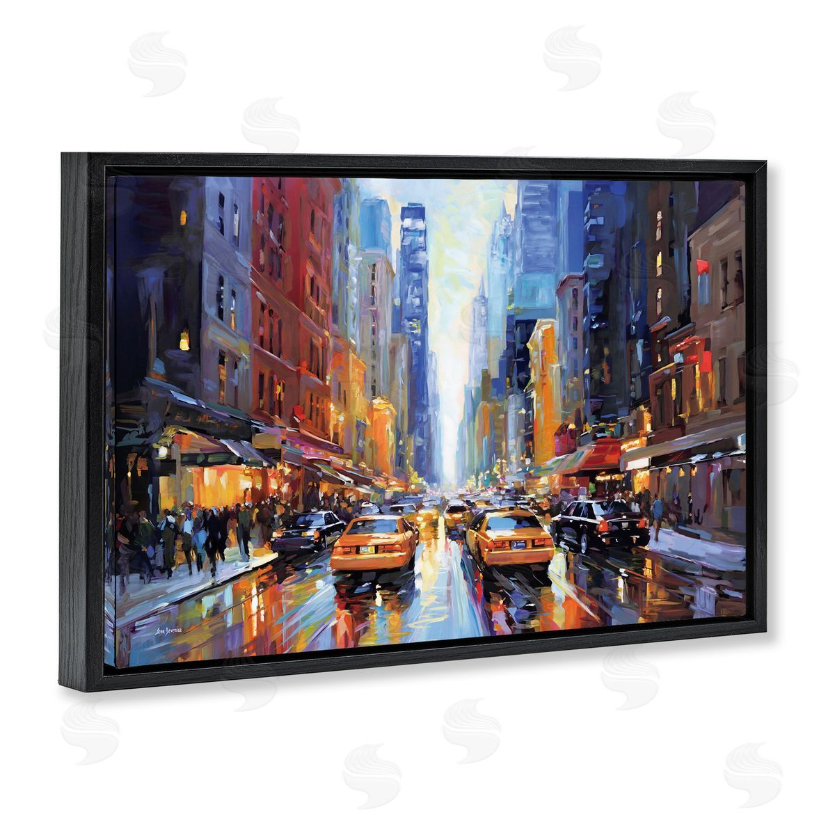 City Traffic in Rain Black Floating Frame Canvas Wall Art, Home Decor by Leon Devenice