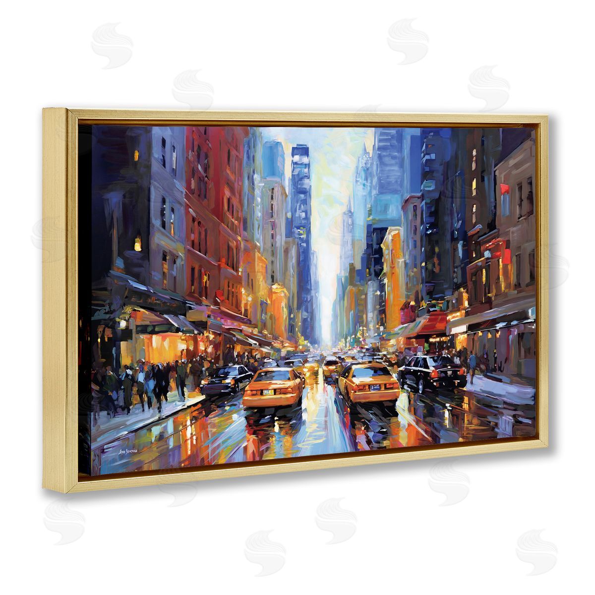 City Traffic in Rain Gold Floating Frame Canvas Wall Art, Home Decor by Leon Devenice