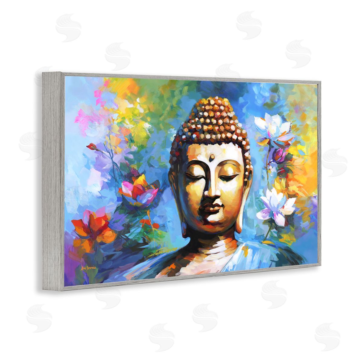 Buddha with Bright Lotus Grey Frame Print Wall Art, Home Decor by Leon Devenice