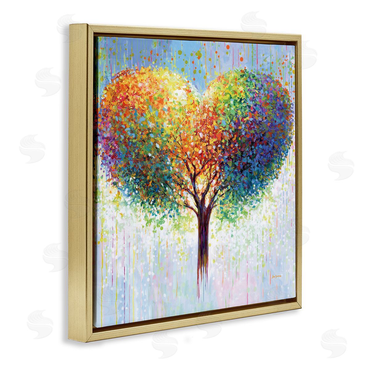 Bold Hued Heart Tree Gold Floating Frame Canvas Wall Art, Home Decor by Leon Devenice
