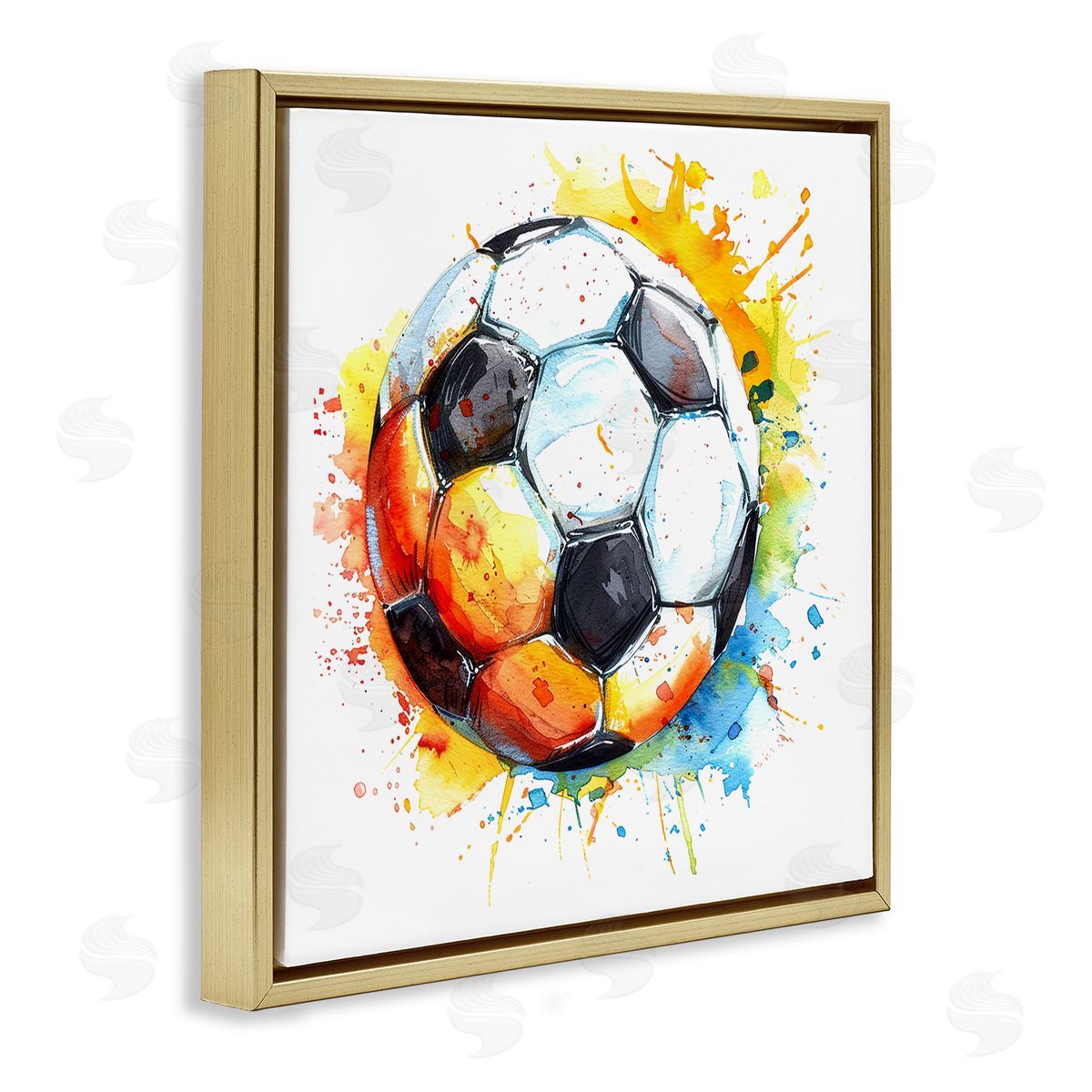 Soccer Ball Bright Splash Gold Floating Frame Canvas Wall Art, Home Decor by LSR Design Studio