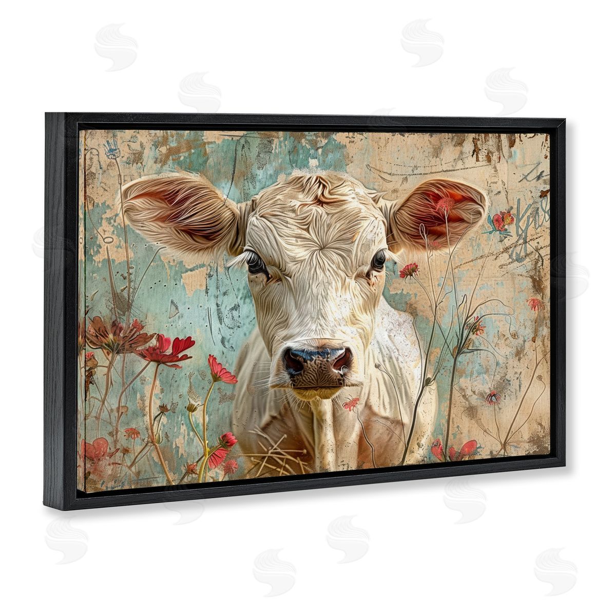 Spring Country Cow Black Floating Frame Canvas Wall Art, Home Decor by LSR Design Studio