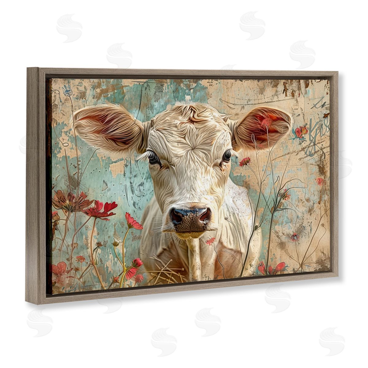 Spring Country Cow Brown Floating Frame Canvas Wall Art, Home Decor by LSR Design Studio