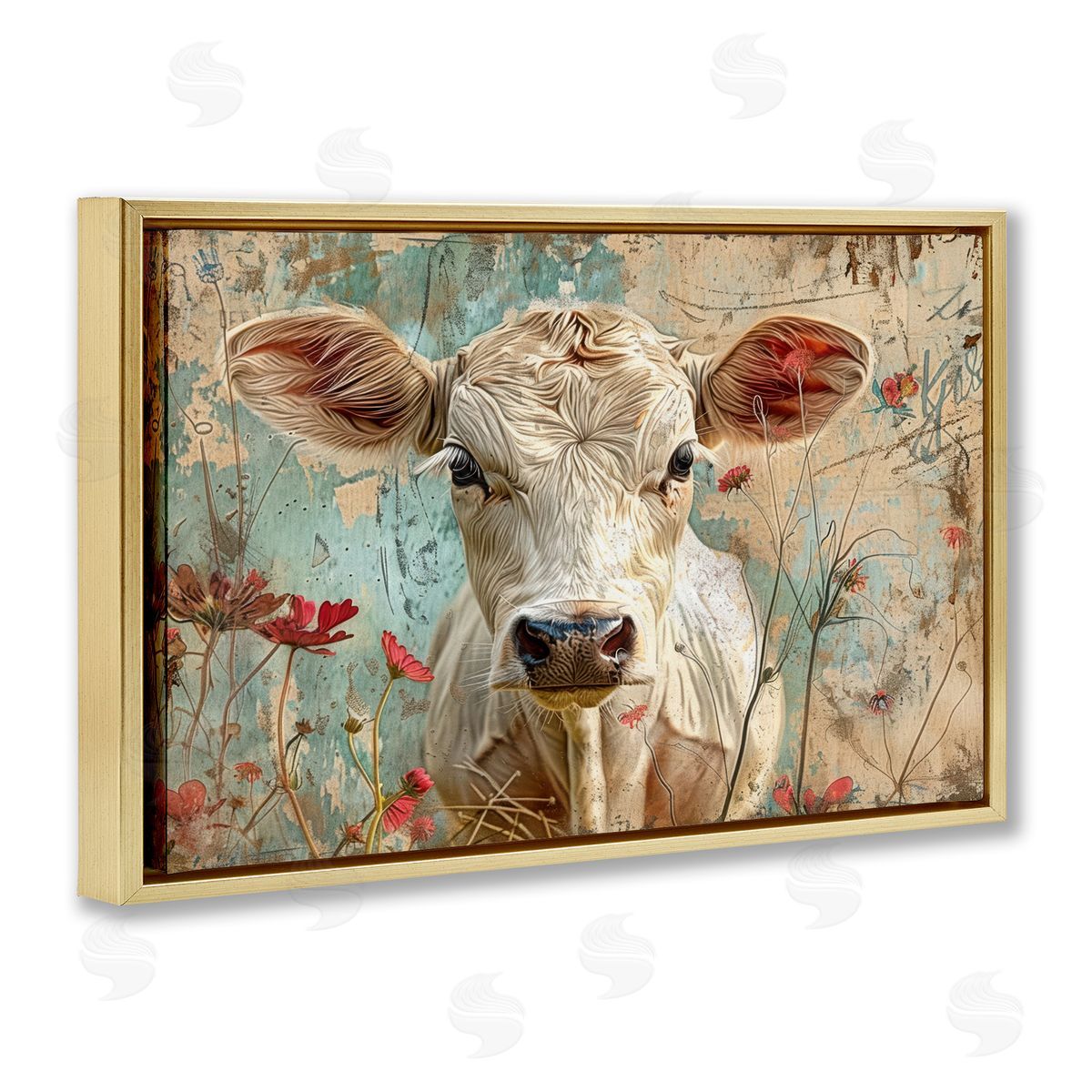 Spring Country Cow Gold Floating Frame Canvas Wall Art, Home Decor by LSR Design Studio