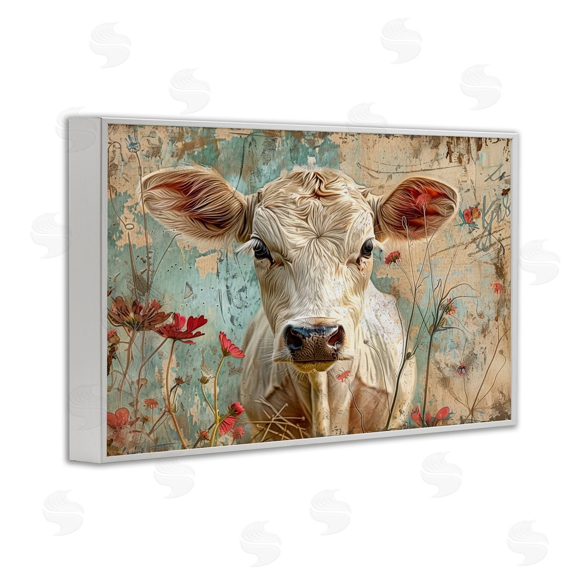 Spring Country Cow White Frame Print Wall Art, Home Decor by LSR Design Studio